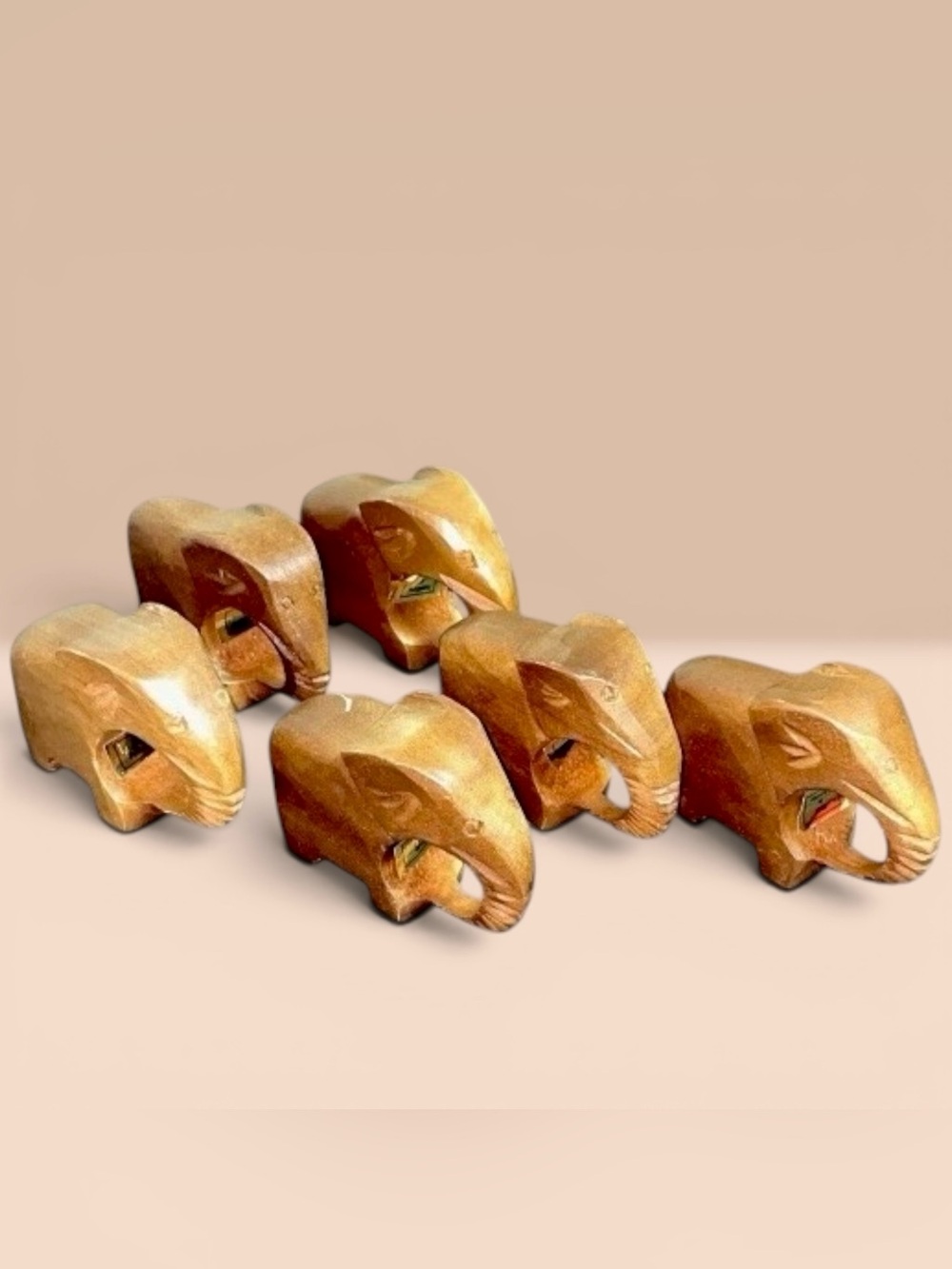 Carved Wooden Elephant Napkin Rings set of 6 Vintage Philippines